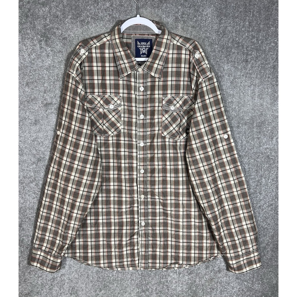 Akademiks Button Up Shirt Mens Sz 4XL Brown Orange Plaid Roll Tab Sleeve Pockets